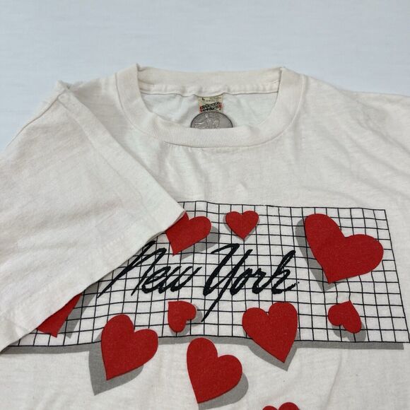 VTG 1980's NEW YORK Hearts Grid Tee/ 18.5" x 24"/ Screen Stars Tag - Picture 2 of 6